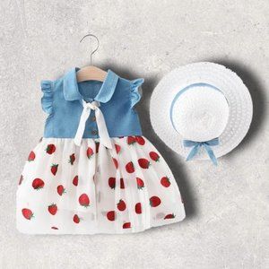 White Strawberry Jean Baby Dress with Sun Hat
